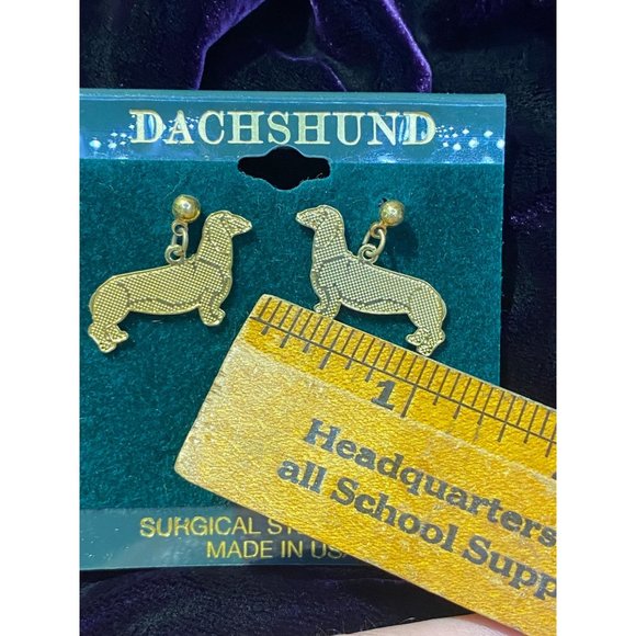 Dachshund Weiner Dog Dangle Earrings Surgical Steel Posts USA Gold Tone - Picture 4 of 6